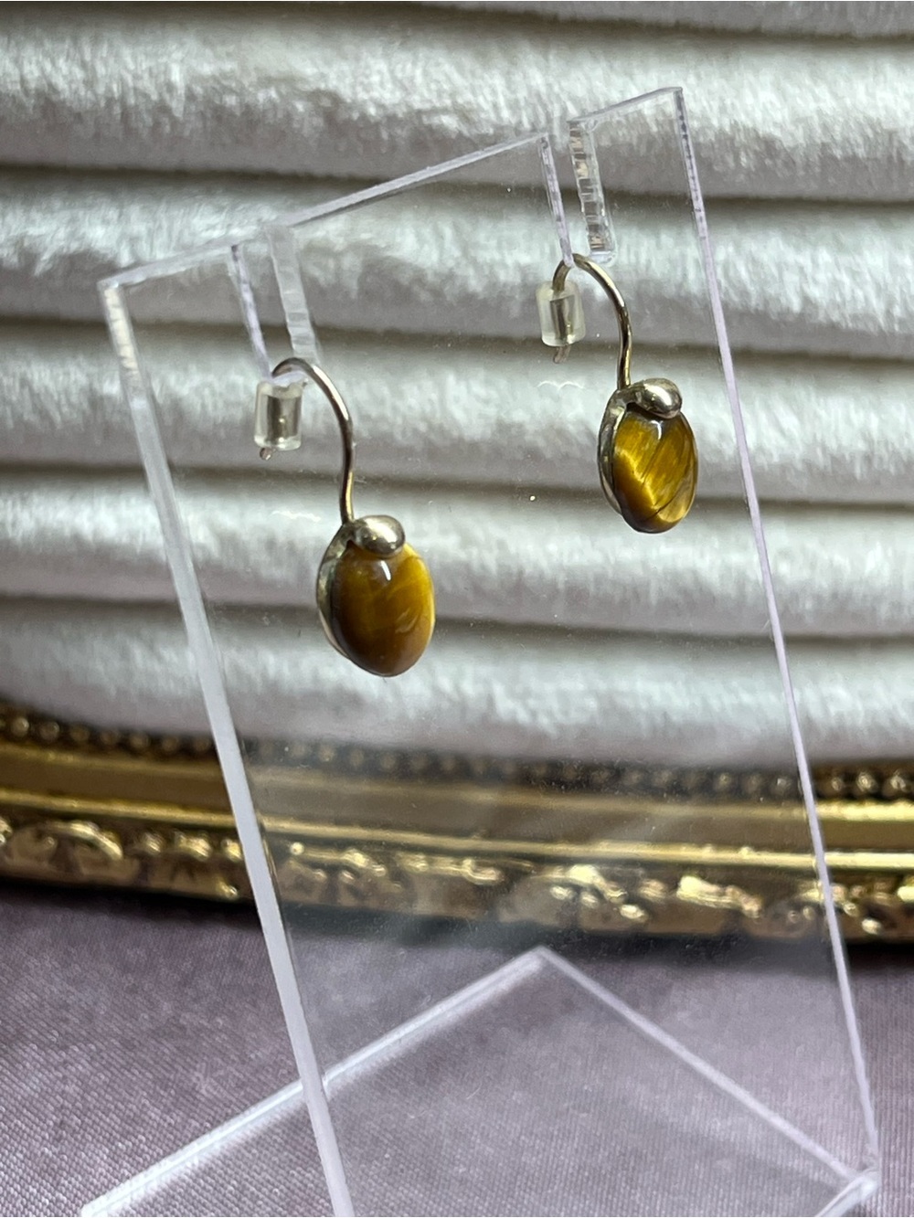 Vintage Signed Monet Tigers Eye Gold Tone Drop Earrings